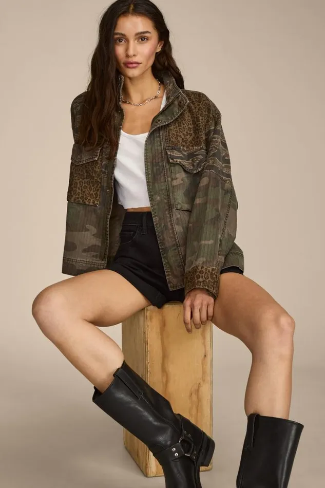 Women Lucky Brand Jackets and Outerwear Patchwork Camo Cropped Jacket Camo Print Mix