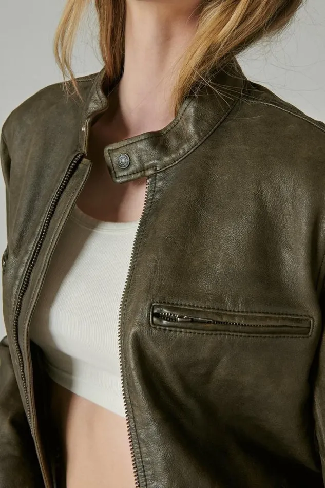 Women Lucky Brand Jackets and Outerwear Washed Leather Bonneville Jacket Washed Black