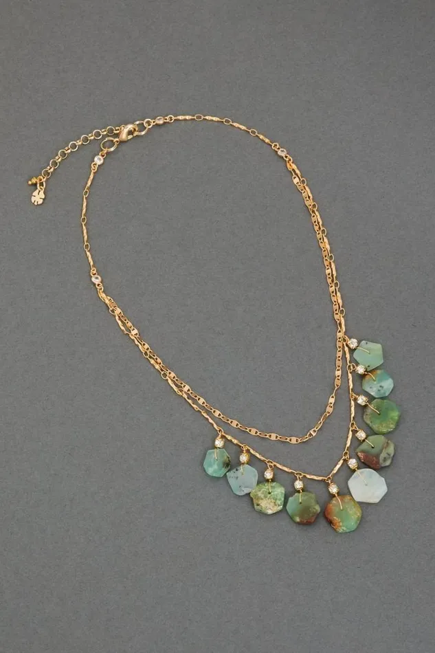 Women Lucky Brand Jewelry Amazonite Stone Layer Statement Necklace Gold