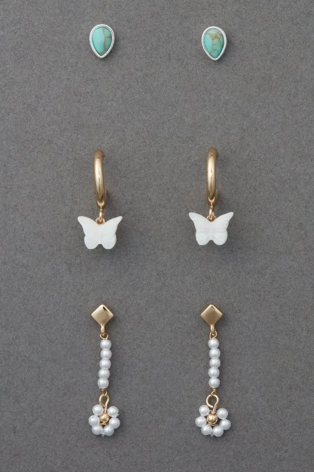 Women Lucky Brand Jewelry Pearl And Butterfly Earring Trio Two Tone