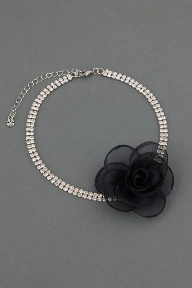 Women Lucky Brand Jewelry Rhinestone Rosette Choker Silver