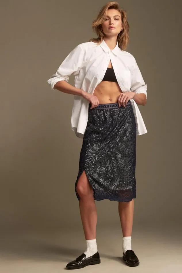 Women Lucky Brand Skirts Sequin Lace Midi Skirt Dark Navy