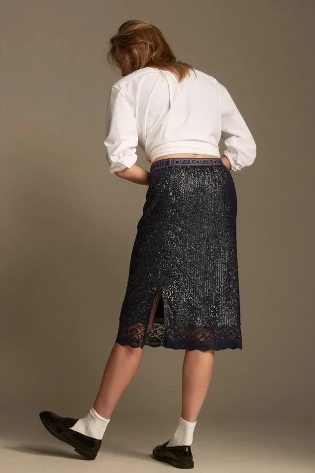 Women Lucky Brand Skirts Sequin Lace Midi Skirt Dark Navy