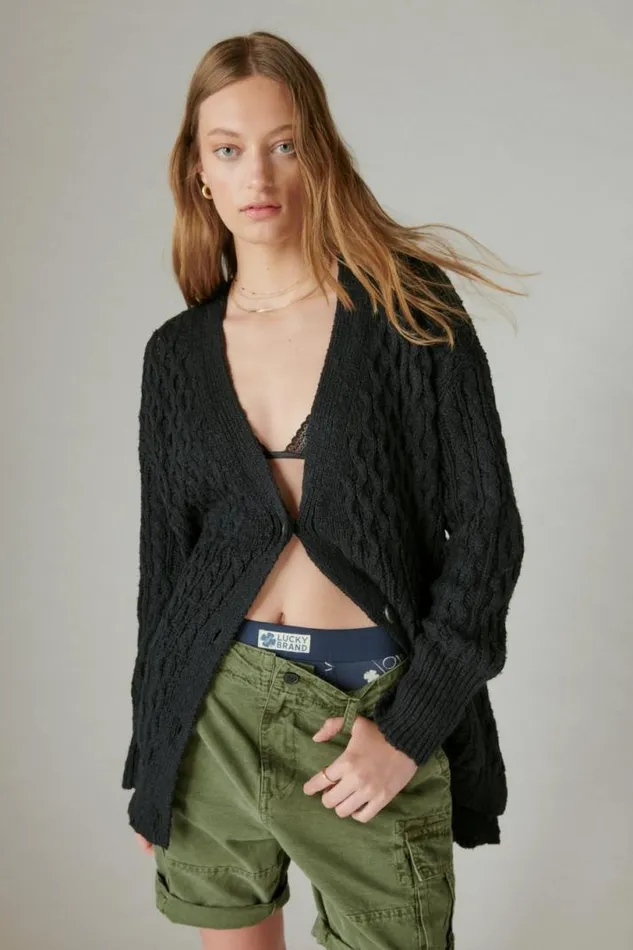 Women Lucky Brand Sweaters and Sweatshirts Mixed Cable Cardigan Black