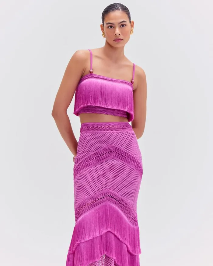 Women Matching Sets PatBO SLEEVELESS FRINGE CROPPED TOP Cerise