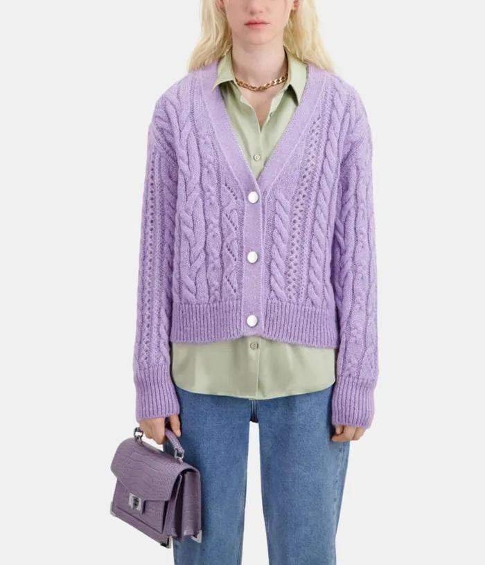 Women Mauve Cableknit Woolblend Cardigan THE KOOPLES Sweaters