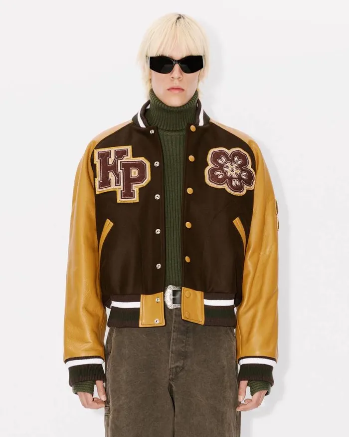 WomenMen 039Boke Flower039 Genderless Varsity Jacket In Wool And Leather Dark Brown Kenzo Jackets And Coats