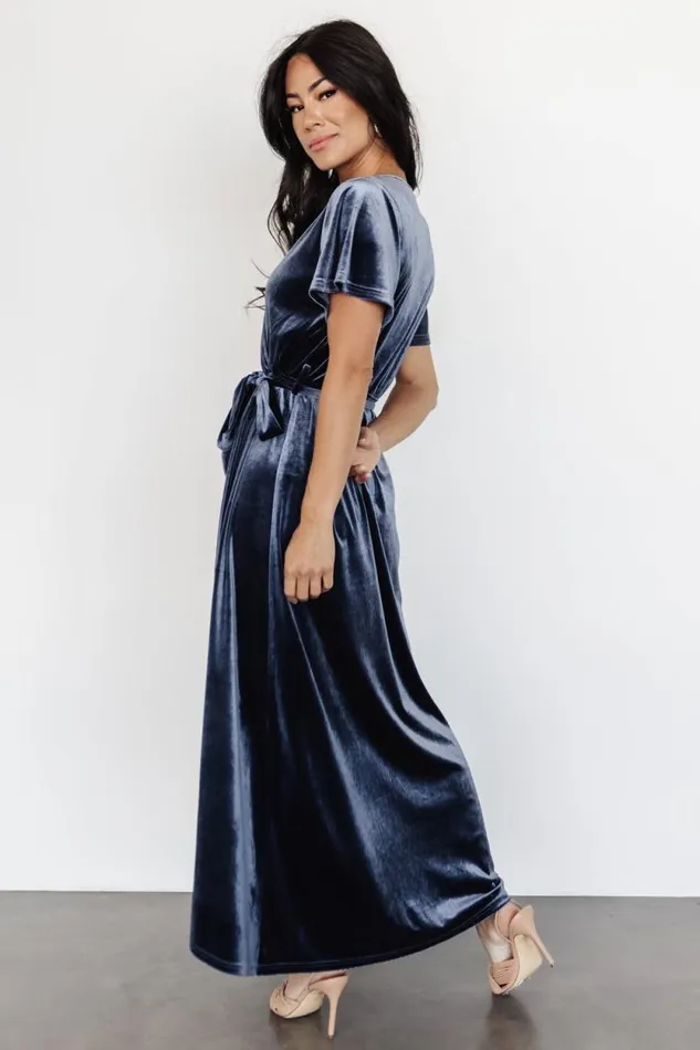 Women Nadine Velvet Midi Dress Blue Baltic Born Bump Friendly Women Nadine Velvet Midi Dress Blue Baltic Born Bump Friendly
