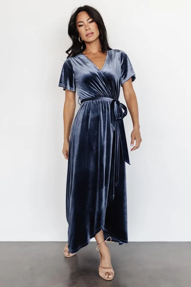 Women Nadine Velvet Midi Dress Blue Baltic Born Bump Friendly Women Nadine Velvet Midi Dress Blue Baltic Born Bump Friendly