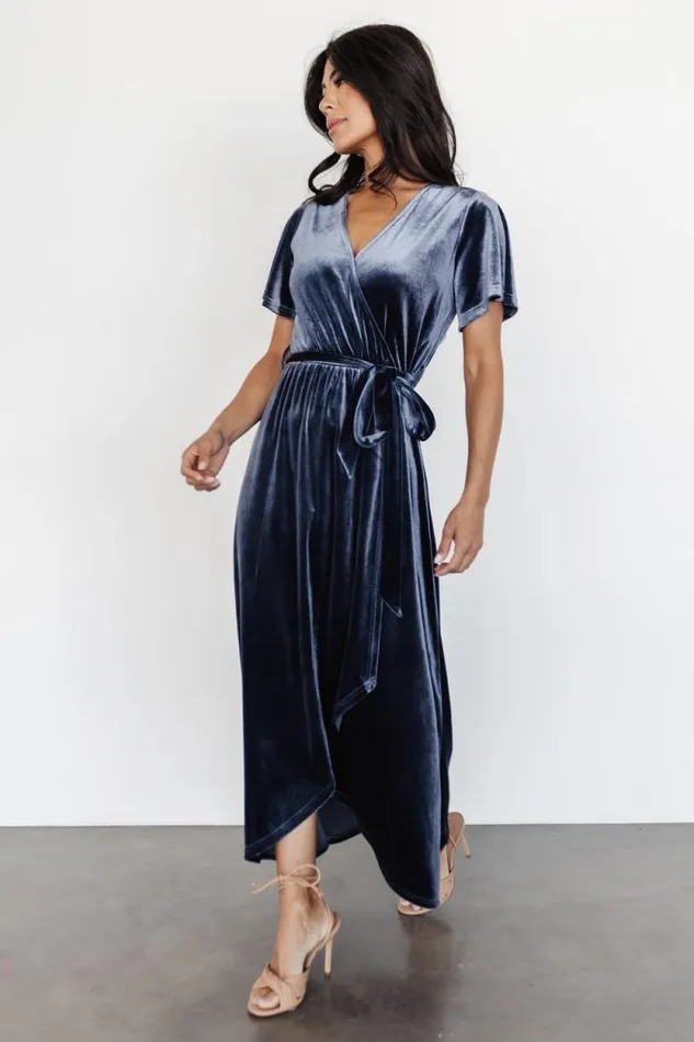 Women Nadine Velvet Midi Dress Blue Baltic Born Bump Friendly Women Nadine Velvet Midi Dress Blue Baltic Born Bump Friendly
