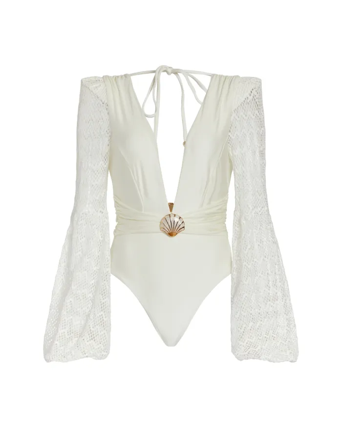 Women One Pieces PatBO PLUNGE LONG SLEEVE SWIMSUIT White