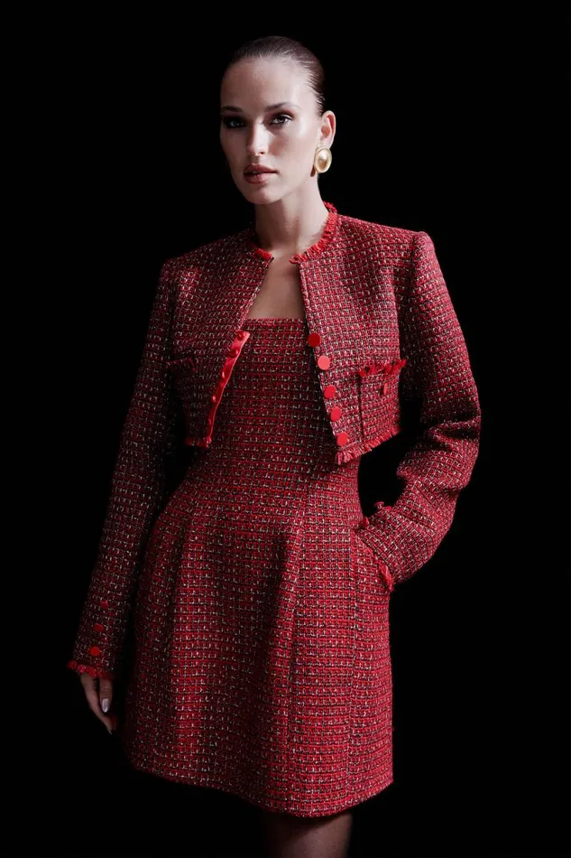 Women Party Dresses Bardot Karoline Boucle Mini Dress In Red Check Red Check Women Party Dresses Bardot Karoline Boucle Mini Dress In Red Check Red Check