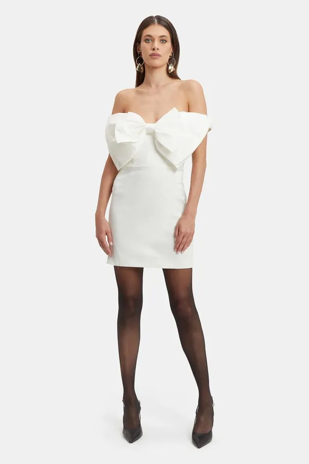 Women Party Dresses Bardot Mini Bow Dress In White White Women Party Dresses Bardot Mini Bow Dress In White White