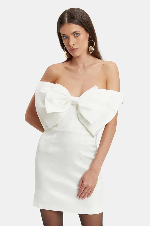 Women Party Dresses Bardot Mini Bow Dress In White White Women Party Dresses Bardot Mini Bow Dress In White White