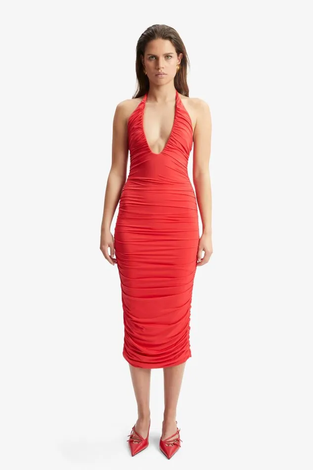 Women Party Dresses Bardot Tisha Halter Midi Dress In Fire Red Fire Red Women Party Dresses Bardot Tisha Halter Midi Dress In Fire Red Fire Red