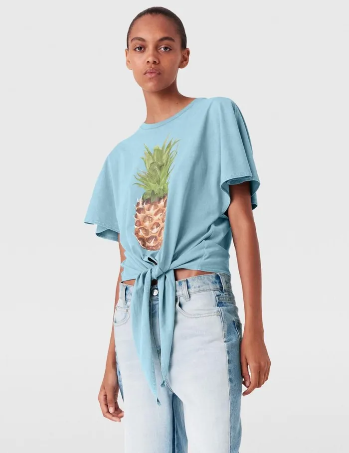 Women Pineapple Tiefront Cotton TShirt Washed Light Blue Stella McCartney Sweatshirts And TShirts