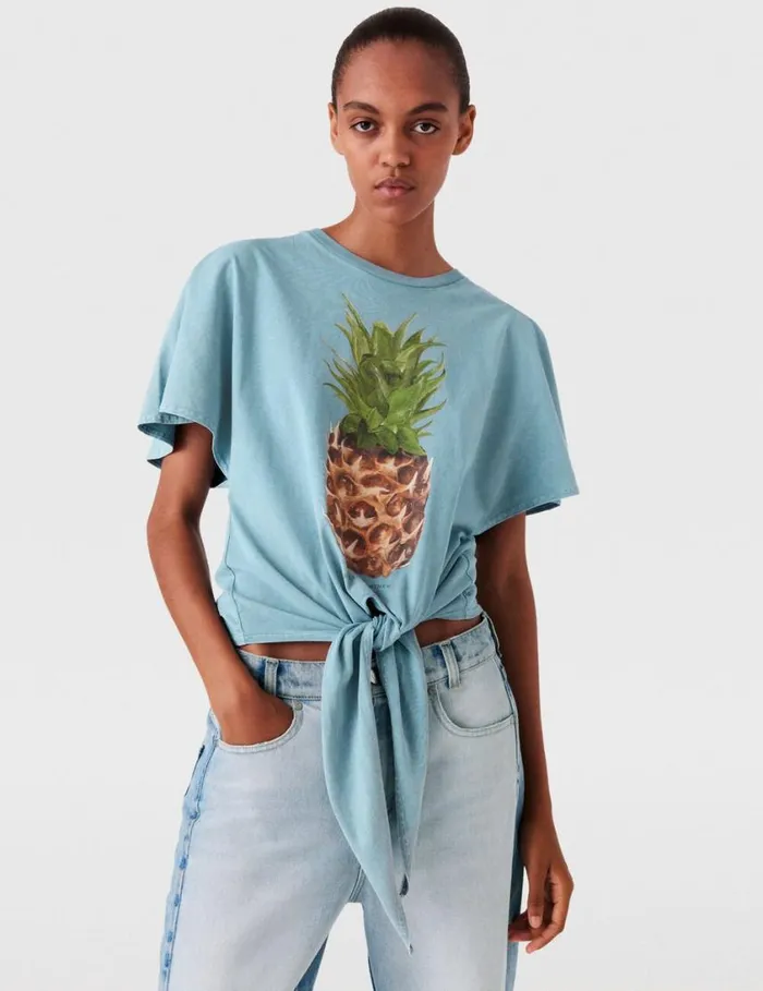 Women Pineapple Tiefront Cotton TShirt Washed Light Blue Stella McCartney Sweatshirts And TShirts