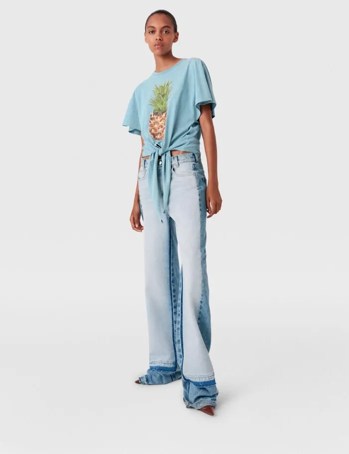 Women Pineapple Tiefront Cotton TShirt Washed Light Blue Stella McCartney Sweatshirts And TShirts