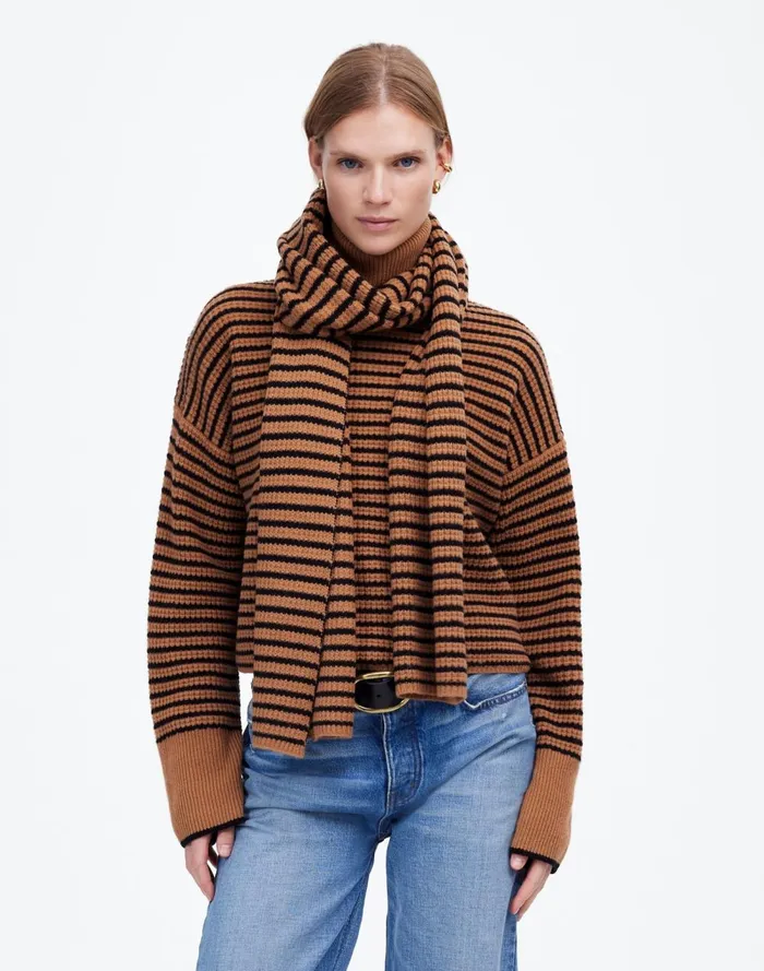 Women Scarves Madewell Wool WaffleKnit Scarf In Stripe Hthr Caramel Stripe
