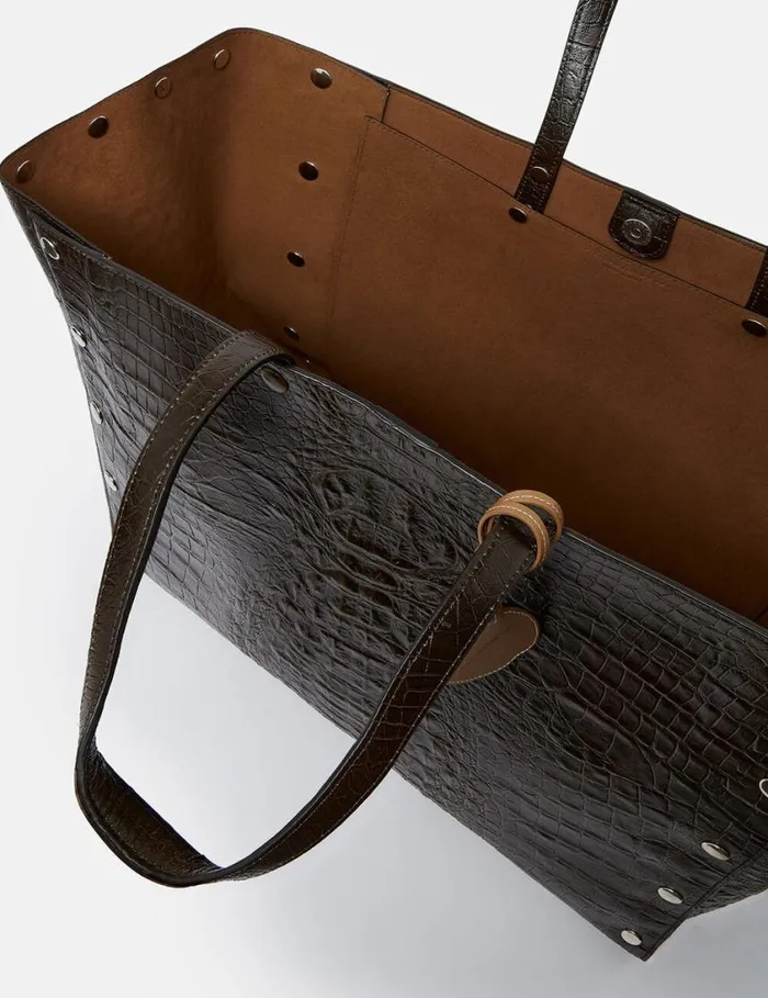 Women Stella Studs Large CrocEmbossed Tote Bag Coffee Brown Stella McCartney Shoulder Bags