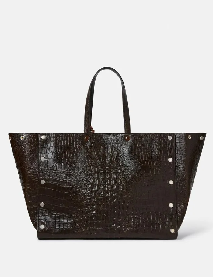 Women Stella Studs Large CrocEmbossed Tote Bag Coffee Brown Stella McCartney Shoulder Bags