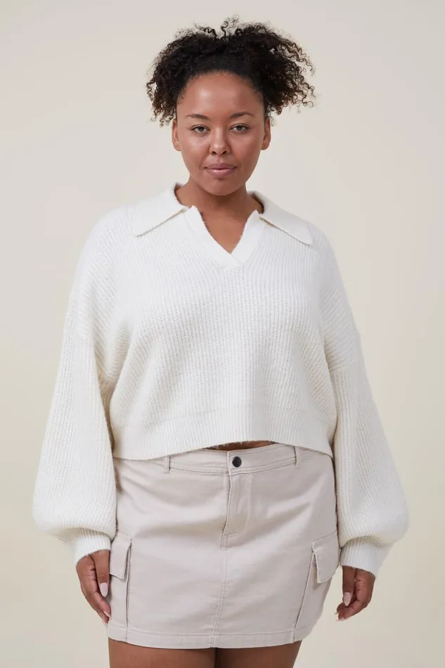 Women Sweaters and Cardigans Cotton On Blondie Rib Collar Pullover Ecru