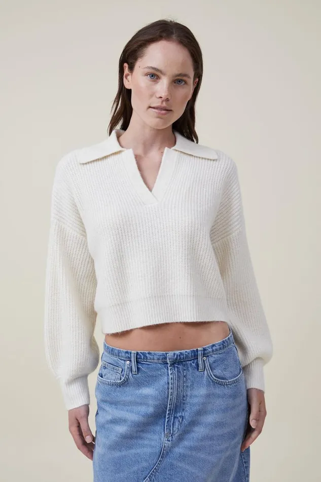 Women Sweaters and Cardigans Cotton On Blondie Rib Collar Pullover Ecru