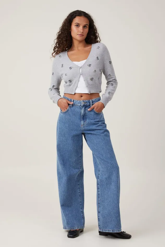 Women Sweaters and Cardigans Cotton On Everfine Crop V Neck Button Cardigan Grey Shadow Marle Embroidery