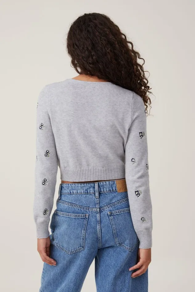 Women Sweaters and Cardigans Cotton On Everfine Crop V Neck Button Cardigan Grey Shadow Marle Embroidery