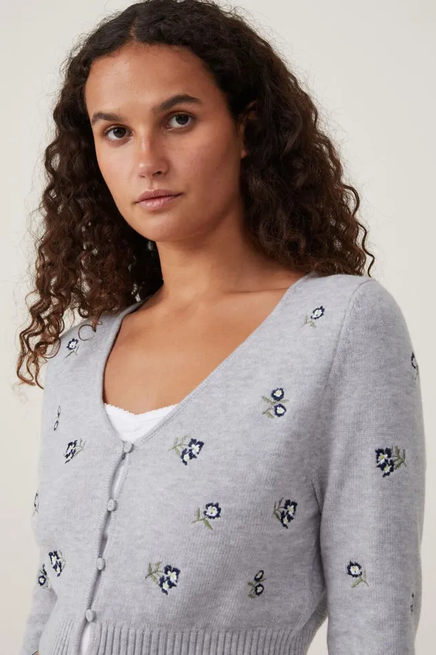 Women Sweaters and Cardigans Cotton On Everfine Crop V Neck Button Cardigan Grey Shadow Marle Embroidery