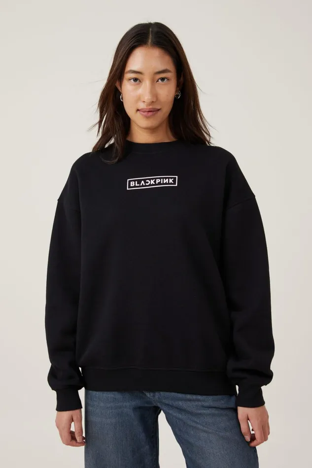 Women Sweats and Hoodies Cotton On Black Pink Crew Sweatshirt Lcn Br Black Pink Born Portrait Black