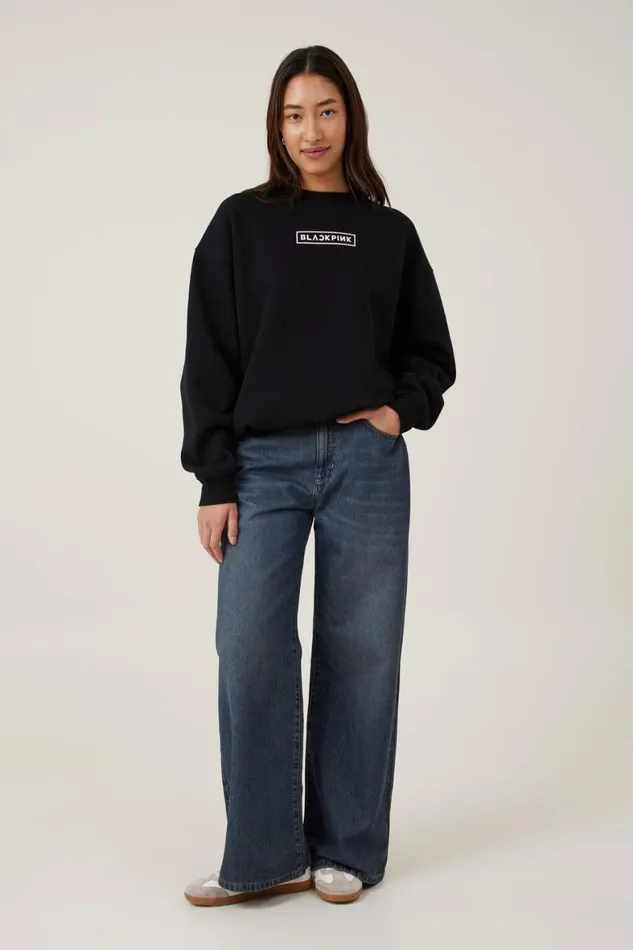 Women Sweats and Hoodies Cotton On Black Pink Crew Sweatshirt Lcn Br Black Pink Born Portrait Black