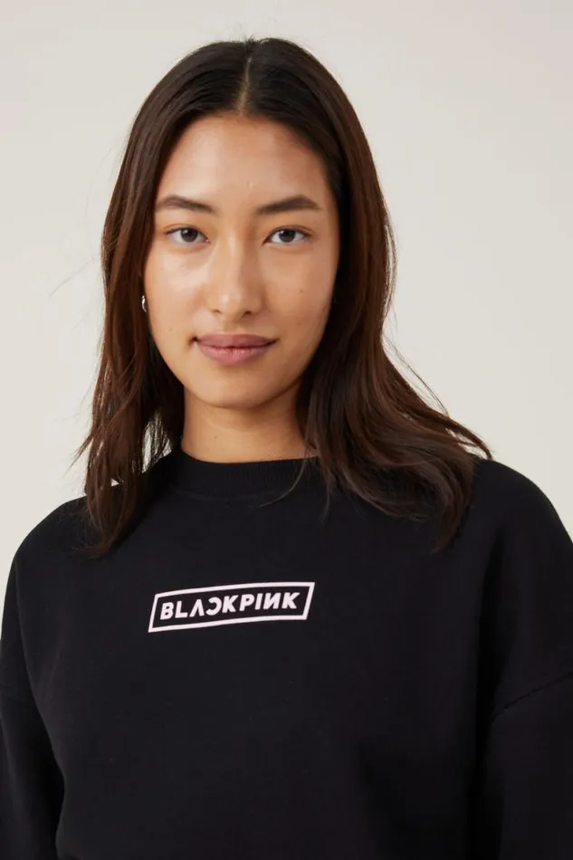 Women Sweats and Hoodies Cotton On Black Pink Crew Sweatshirt Lcn Br Black Pink Born Portrait Black