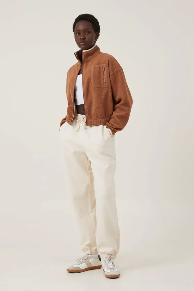 Women Sweats and Hoodies Cotton On Teddy Fleece Cropped Zip Through Leaf Brown
