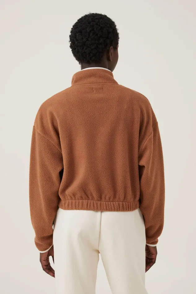Women Sweats and Hoodies Cotton On Teddy Fleece Cropped Zip Through Leaf Brown