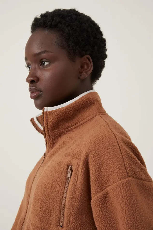 Women Sweats and Hoodies Cotton On Teddy Fleece Cropped Zip Through Leaf Brown