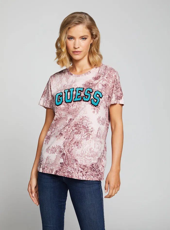 Women Tees and Tanks GUESS Eco Wine Varsity Logo Tshirt