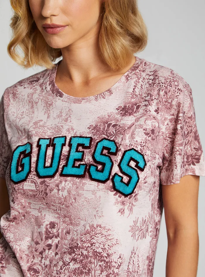 Women Tees and Tanks GUESS Eco Wine Varsity Logo Tshirt Women Tees and Tanks GUESS Eco Wine Varsity Logo Tshirt