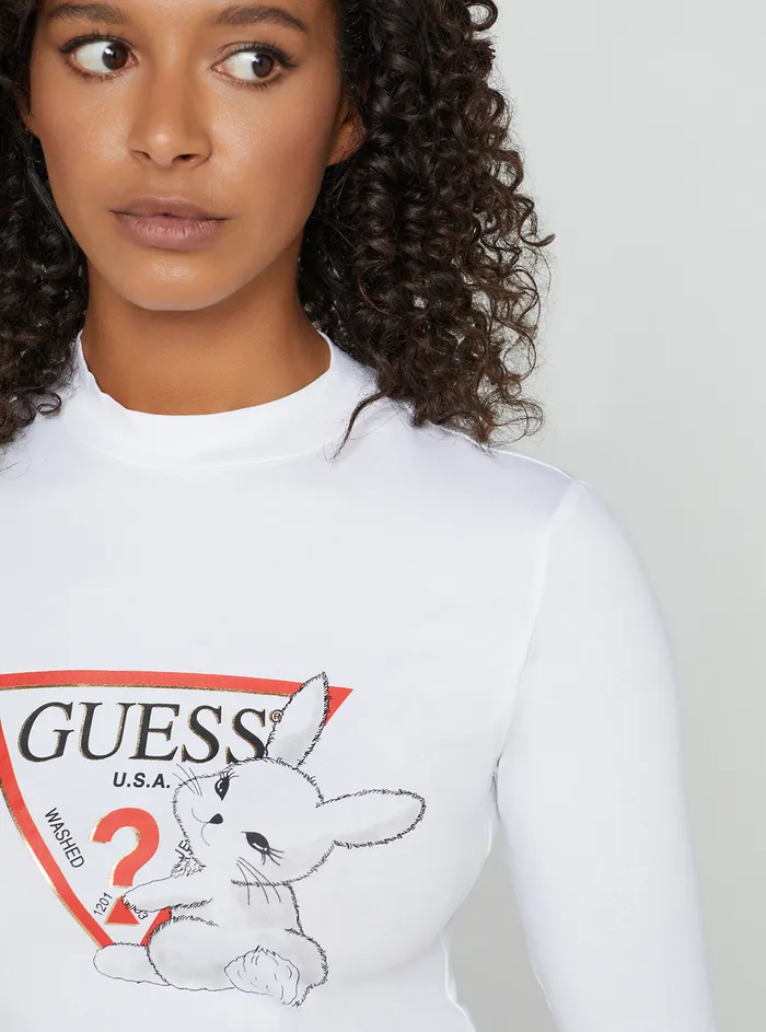 Women Tees and Tanks GUESS White Golden Rabbit Cropped Logo Tshirt Women Tees and Tanks GUESS White Golden Rabbit Cropped Logo Tshirt
