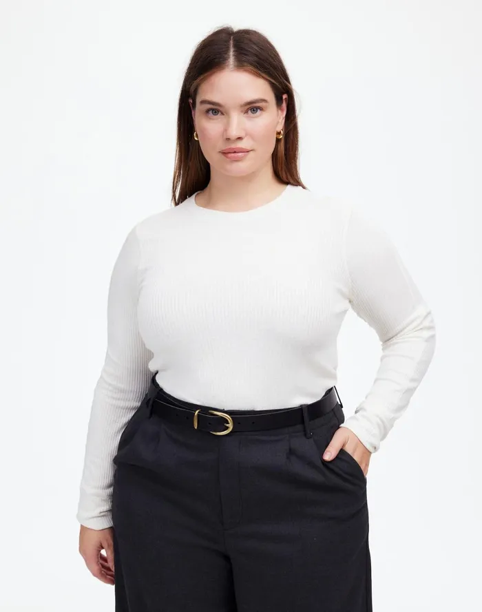 Women Tees Madewell Plus Ribbed Crewneck LongSleeve Tee Hthr Cream