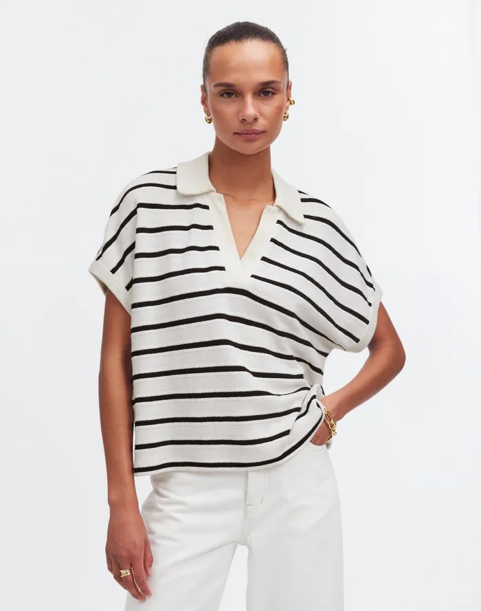 Women Tees Madewell Relaxed VNeck Polo Shirt In Stripe Bright Ivory