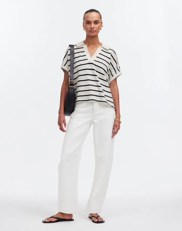 Women Tees Madewell Relaxed VNeck Polo Shirt In Stripe Bright Ivory