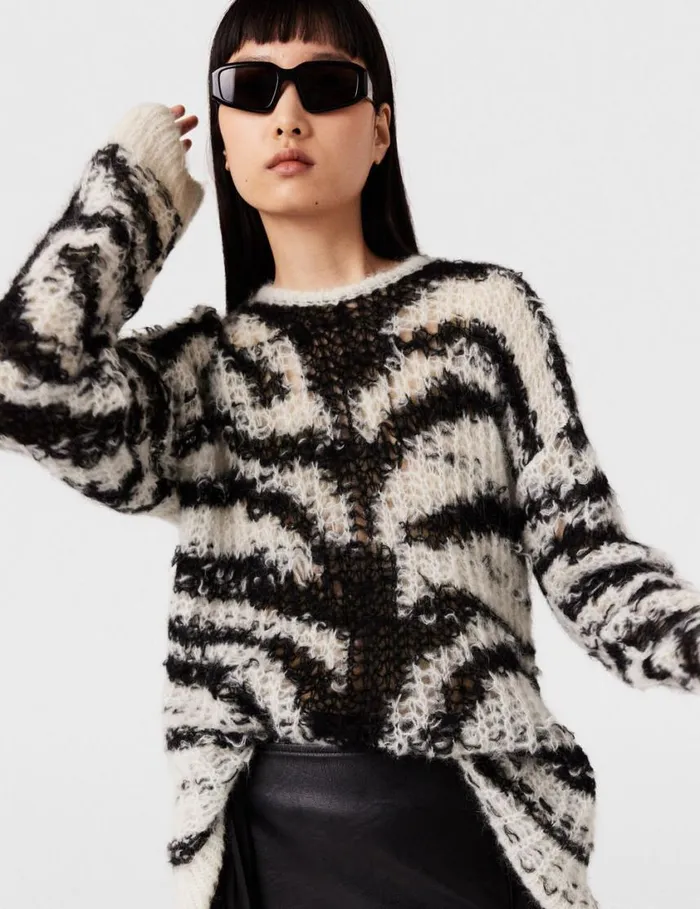 Women Tiger Pattern OpenKnit Sweater Black And White Stella McCartney Knitwear