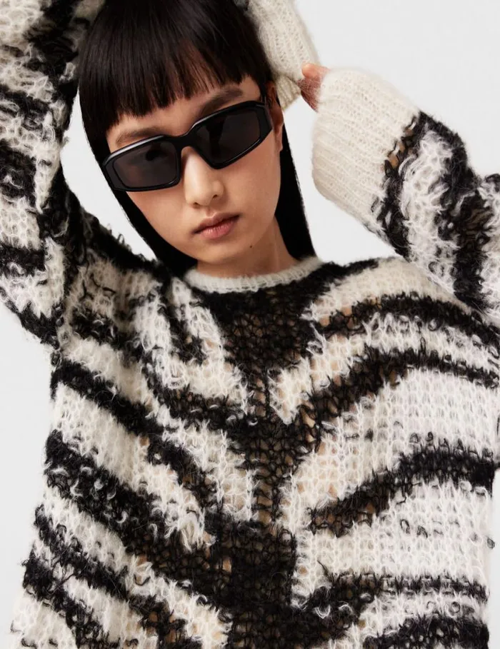 Women Tiger Pattern OpenKnit Sweater Black And White Stella McCartney Knitwear