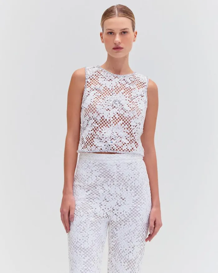 Women Tops and Bodysuits PatBO HAND BEADED LACE TOP White