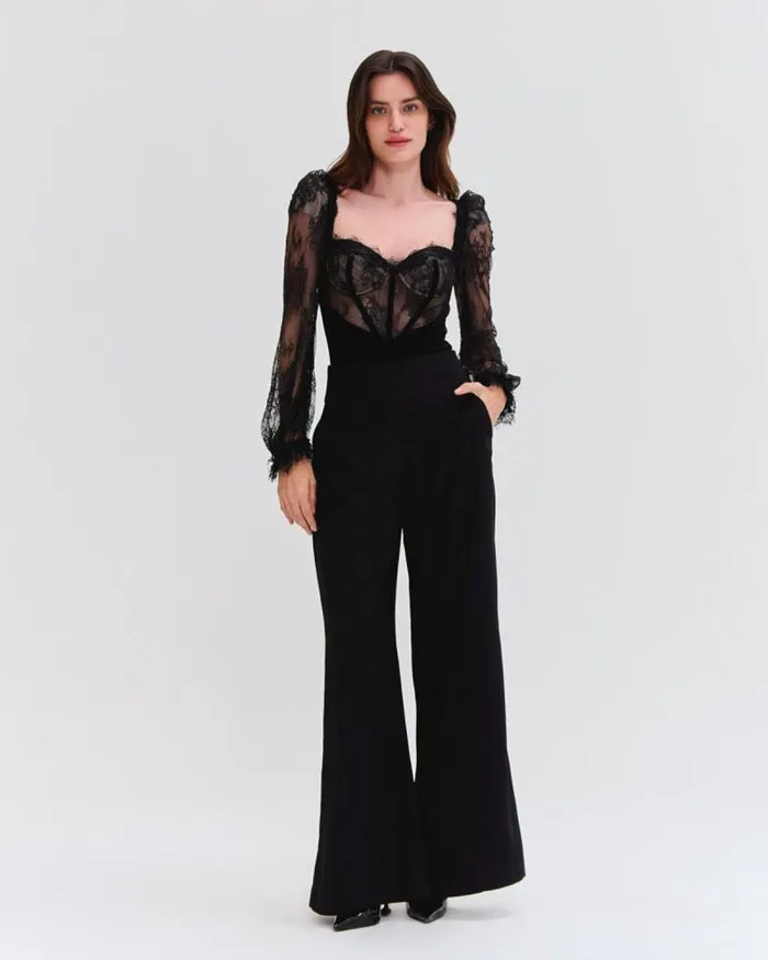Women Tops and Bodysuits PatBO LACE AND VELVET BODYSUIT Black