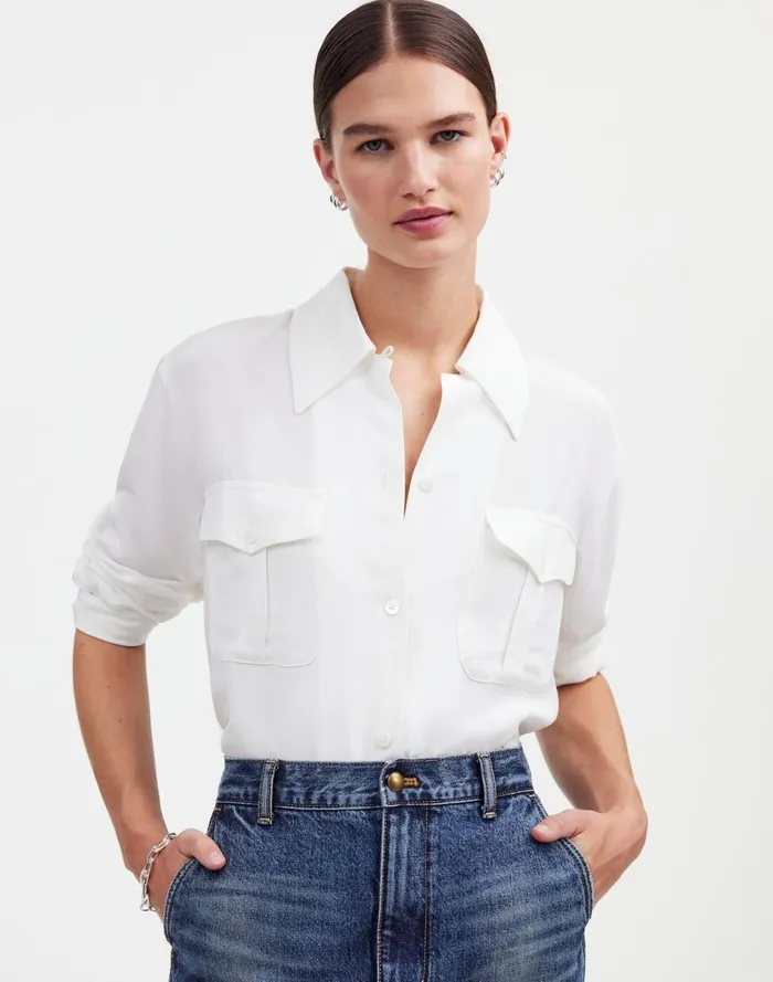 Women Tops and Shirts Madewell Alexa Chung For Madewell PleatPocket ButtonUp Shirt Eyelet White
