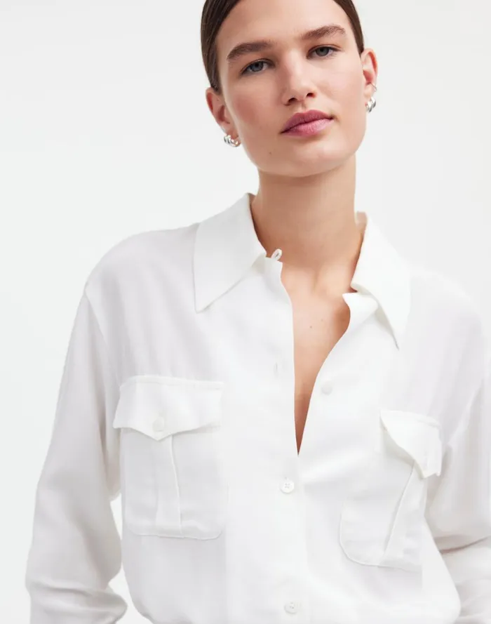 Women Tops and Shirts Madewell Alexa Chung For Madewell PleatPocket ButtonUp Shirt Eyelet White