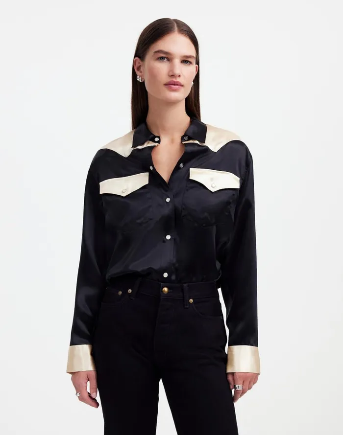 Women Tops and Shirts Madewell Alexa Chung For Madewell Satin Western Shirt True Black Alabaster