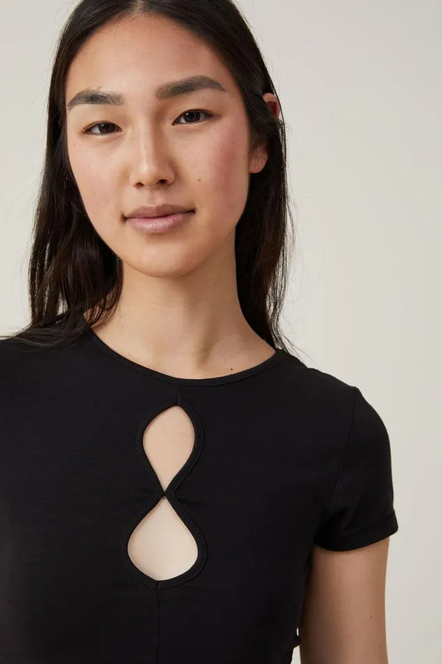 Women Tops Cotton On Bailey Keyhole Short Sleeve Top Black